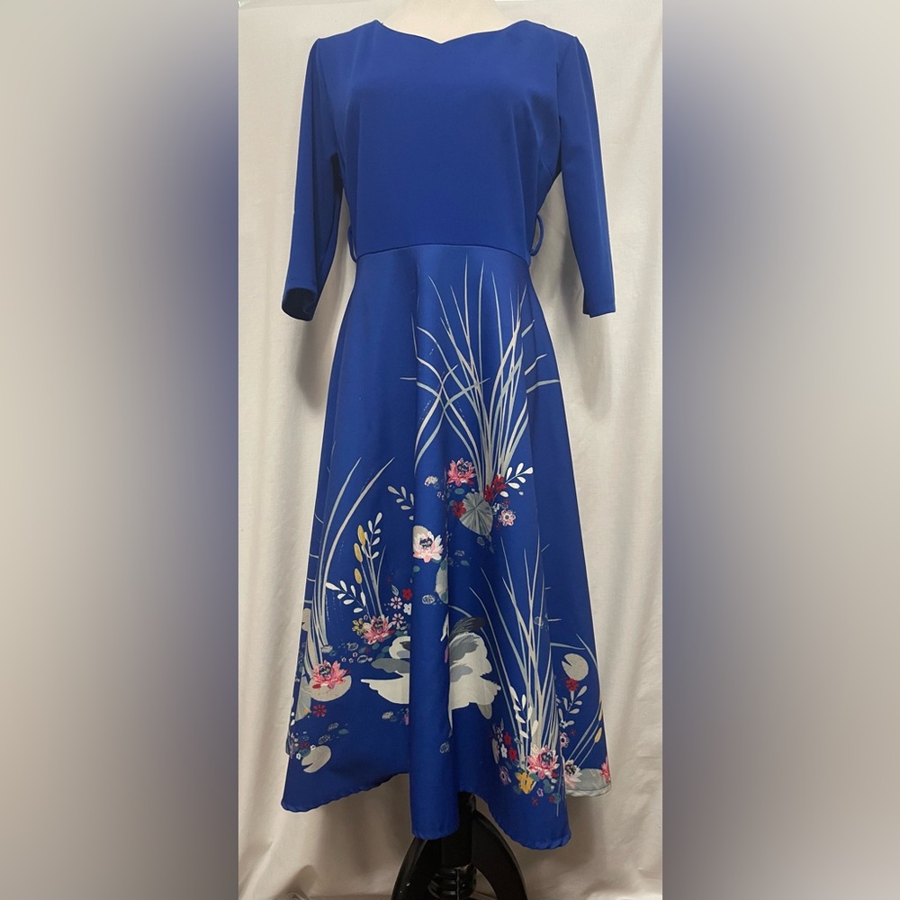 Nextmia Women’s Dress Gown Blue Top Multicolor Skirt Swan Design Size L